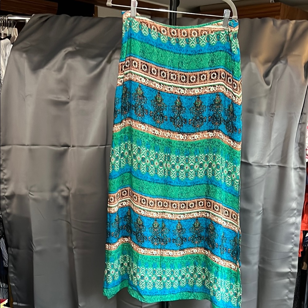 Silk Skirt Elegant Blue and GreenPatterned Skirt